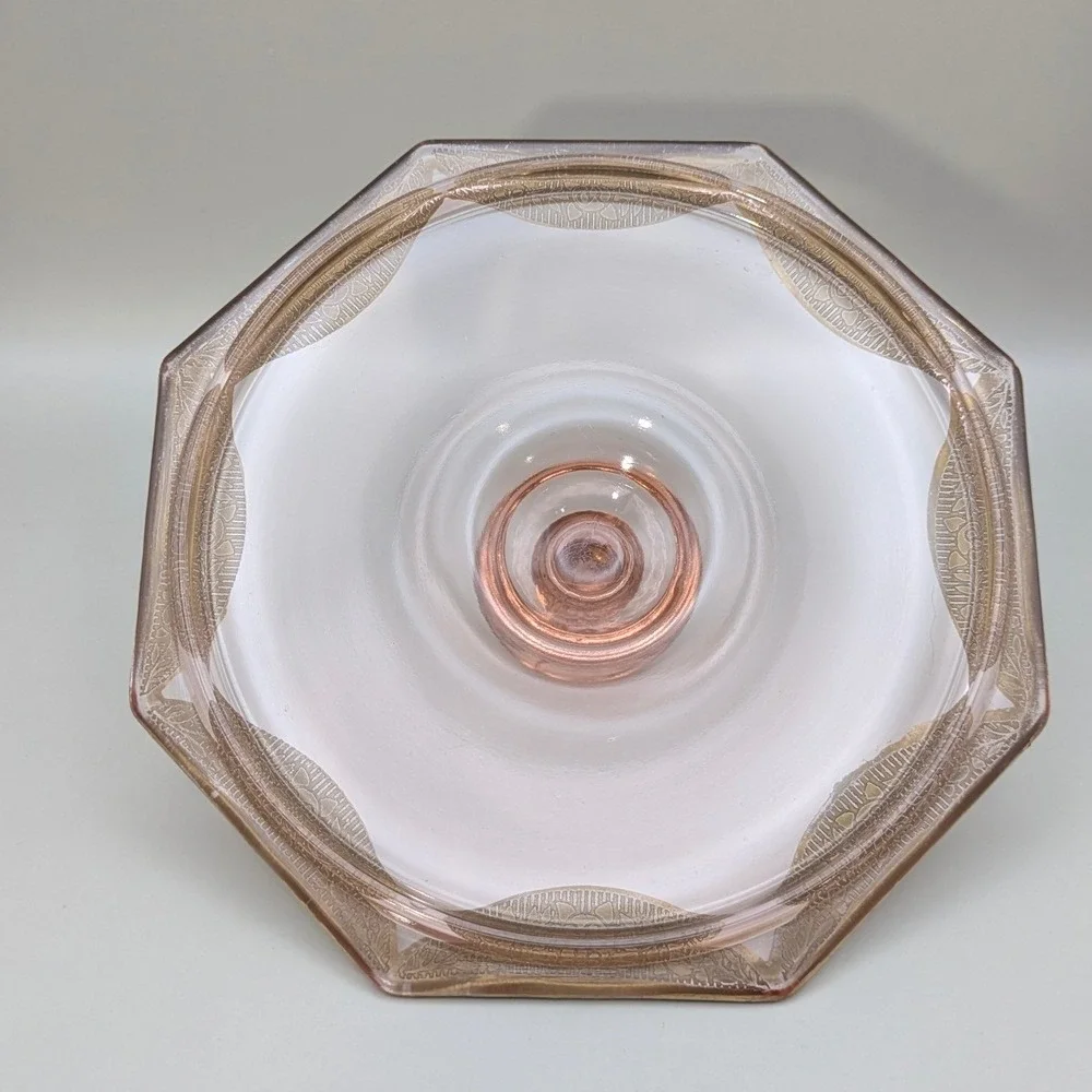 Vintage 1930s Art Deco Pink Depression Glass Divided Dish Gold Trim Metal Basket